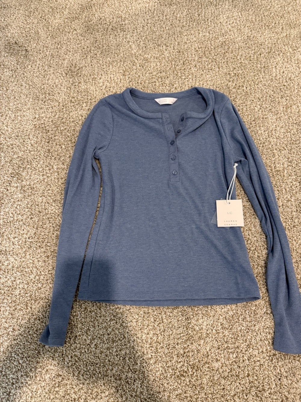 LC Lauren Conrad Slate Blue Ribbed Henley Long Sleeve Top